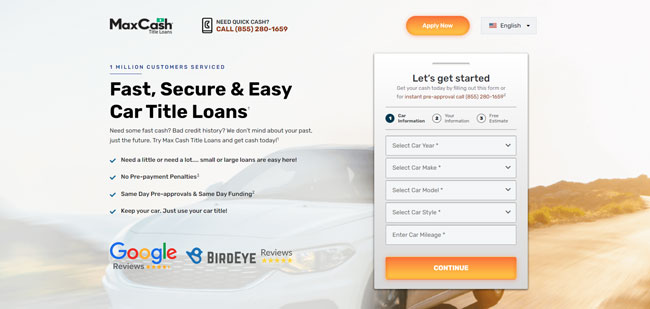 MaxCash Title Loans Review Homepage