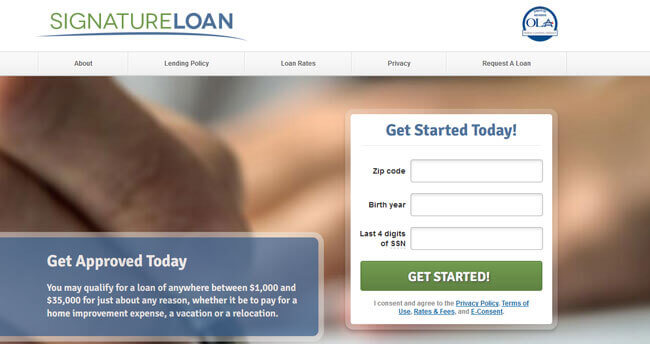 Signature Loan homepage